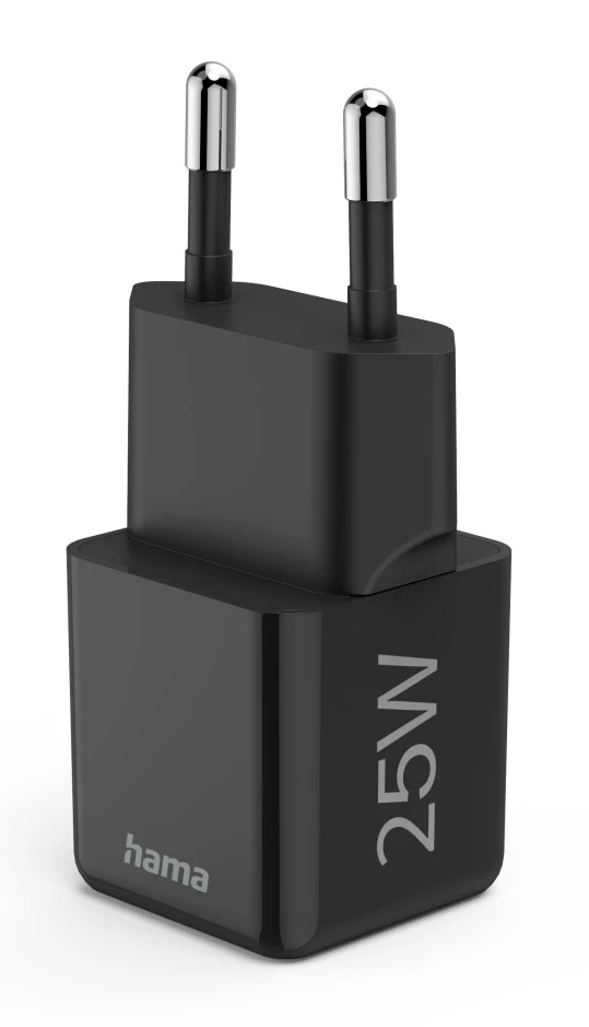 Czarna ładowarka Hama 25W z dwoma srebrnymi bolcami.