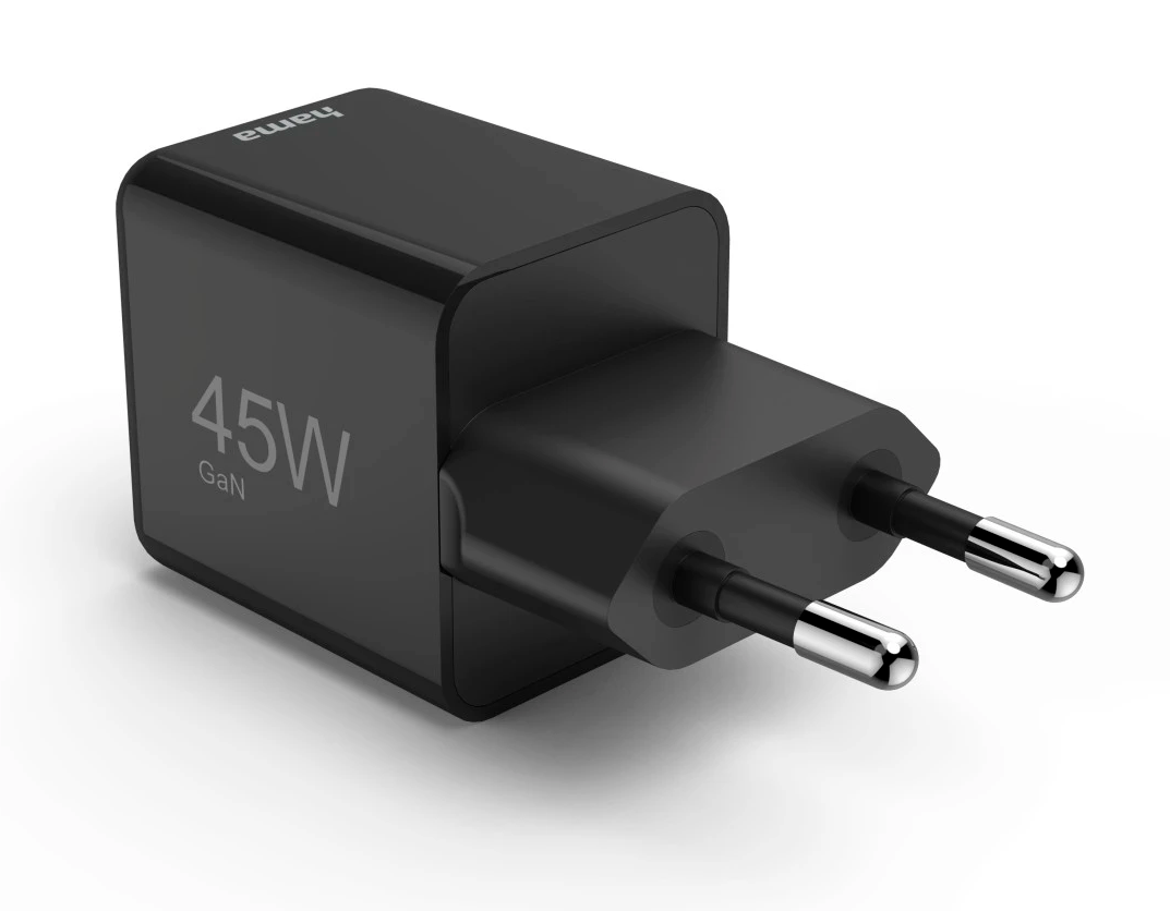 Czarny zasilacz z tekstem 45W, wtyczką i białym tłem.