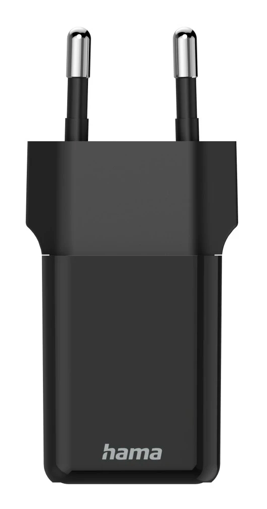 Czarny adapter wtyczki ze srebrnymi bolcami. Słowo 'hama' na dole.