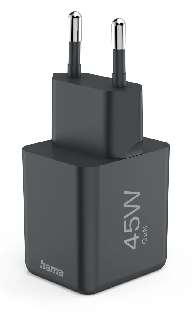 Czarna ładowarka Hama 45W GaN ze srebrnymi pinami, na białym tle.