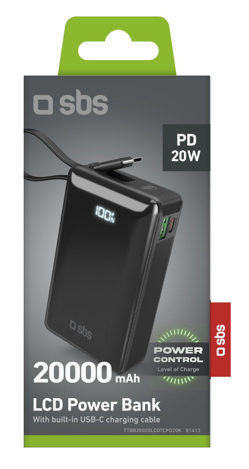 Czarny power bank z 20000mAh, LCD i kablem USB-C, prezentowany w opakowaniu.