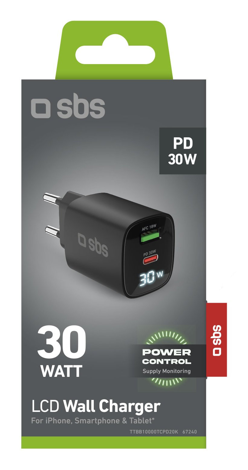 Czarna ładowarka ścienna LCD SBS 30W z wyświetlaczem pokazującym moc w watach.