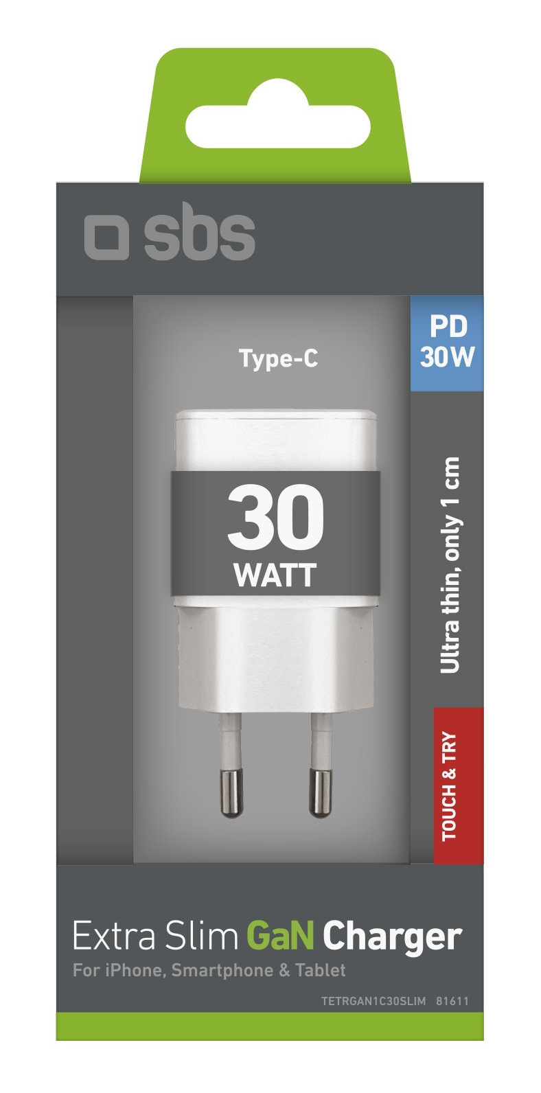 Ładowarka w opakowaniu, Type-C, 30W, tekst mówi Extra Slim.