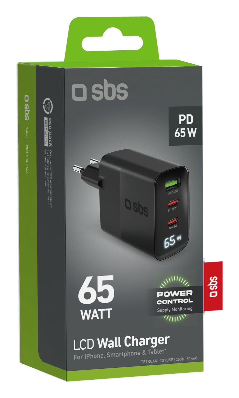 Czarne pudełko ładowarki SBS. Zawiera ładowarkę ścienną LCD 65W z wtyczką, PD 65W i kontrolą zasilania.