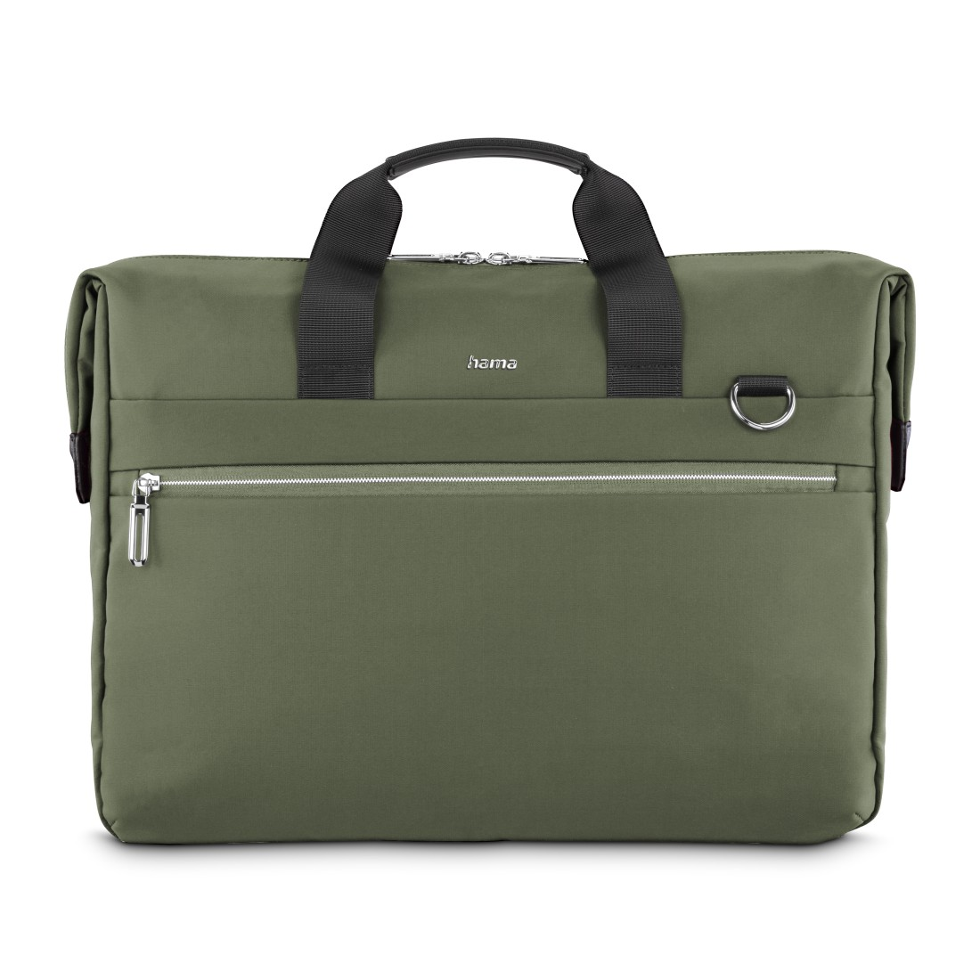 Grüne Hama Laptoptasche mit Reißverschluss und Griff. Schwarzer Griff und Riemen. D-Ring an der Seite.