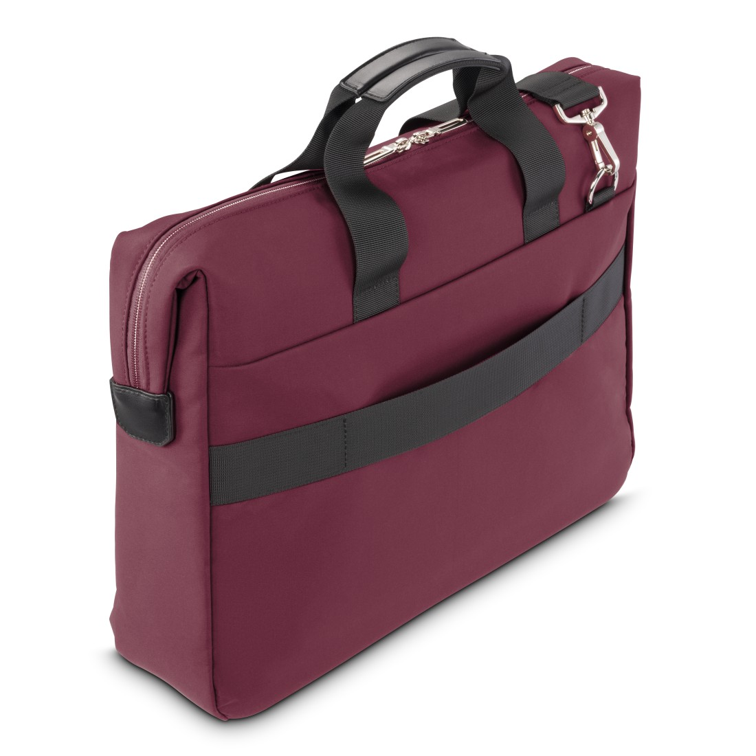 Bordeauxfarbene Laptoptasche mit Griff und Schultergurt, auf weißem Hintergrund.