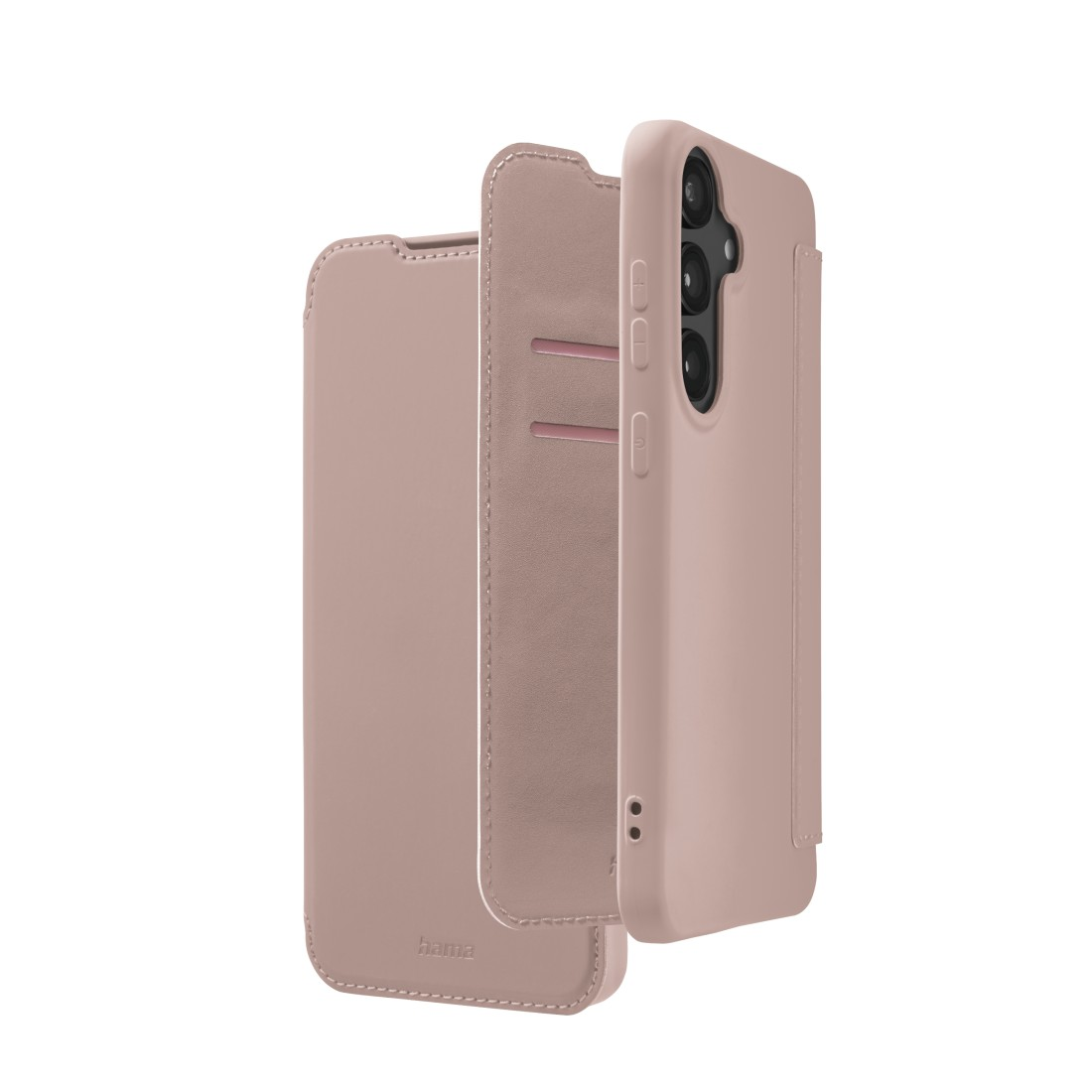 Rosa Handyhülle in geöffneter und geschlossener Position, die das Handy und Kartenfächer zeigt.