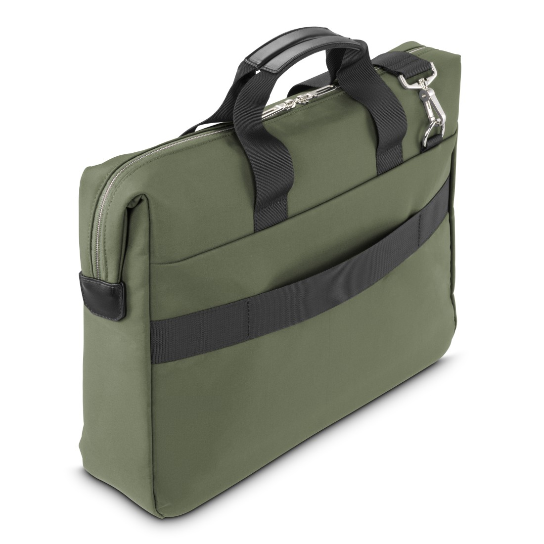 Eine grüne Laptoptasche mit schwarzen Riemen und Griff, auf weißem Hintergrund.