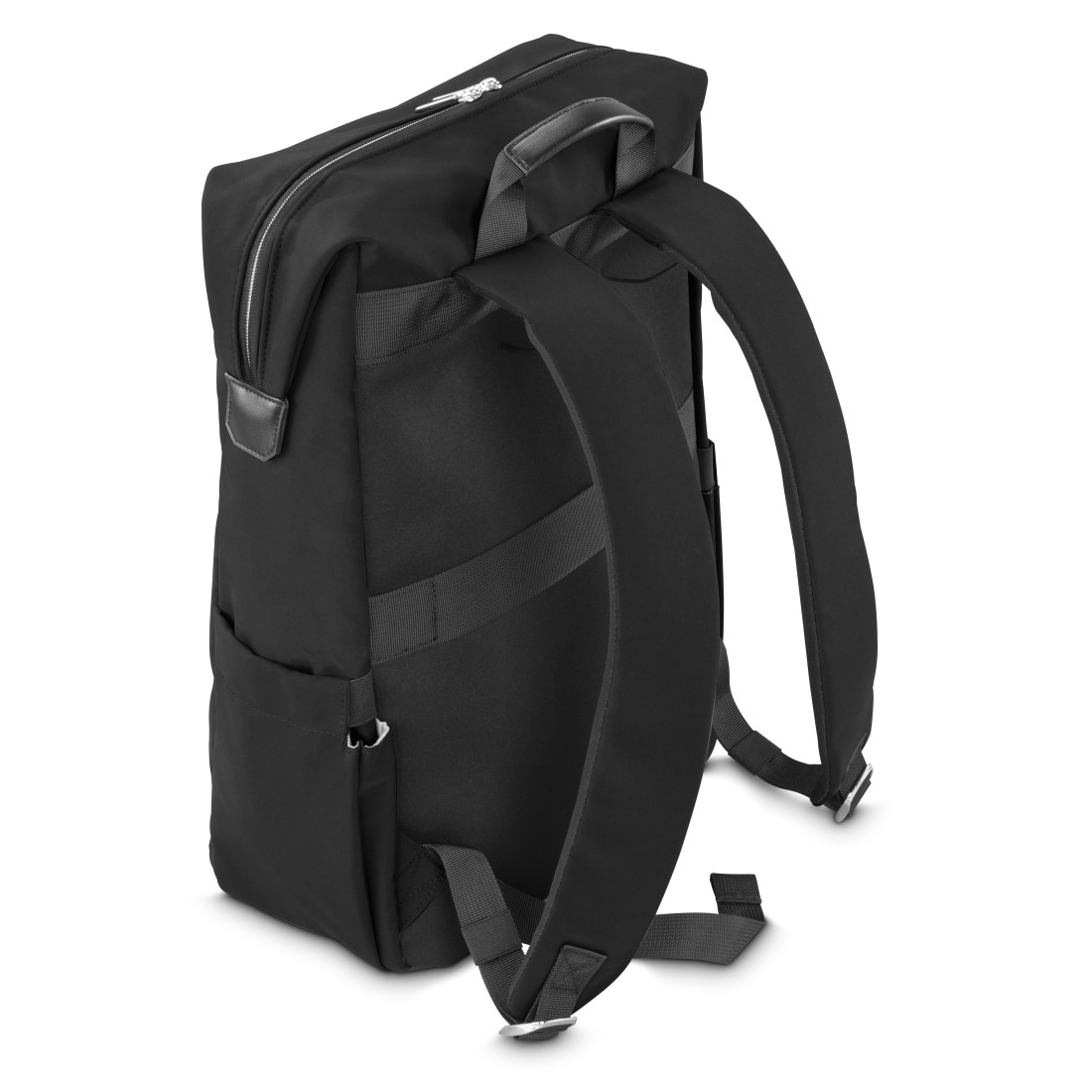 Schwarzer Rucksack mit silbernem Reißverschluss und Trägern.
