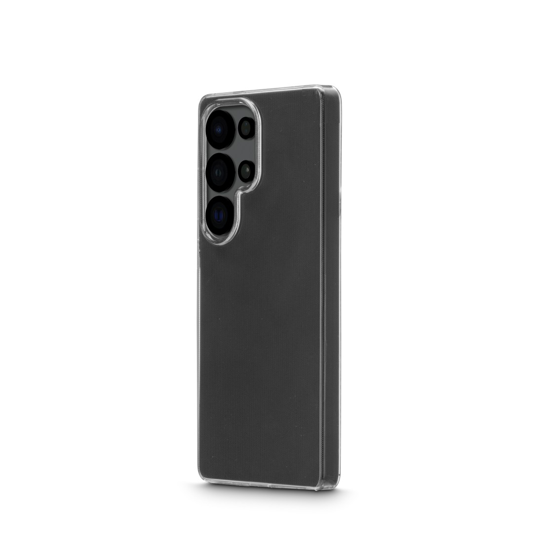 Ein Telefon in einer transparenten Hülle, Rückseite mit mehreren Kameras.