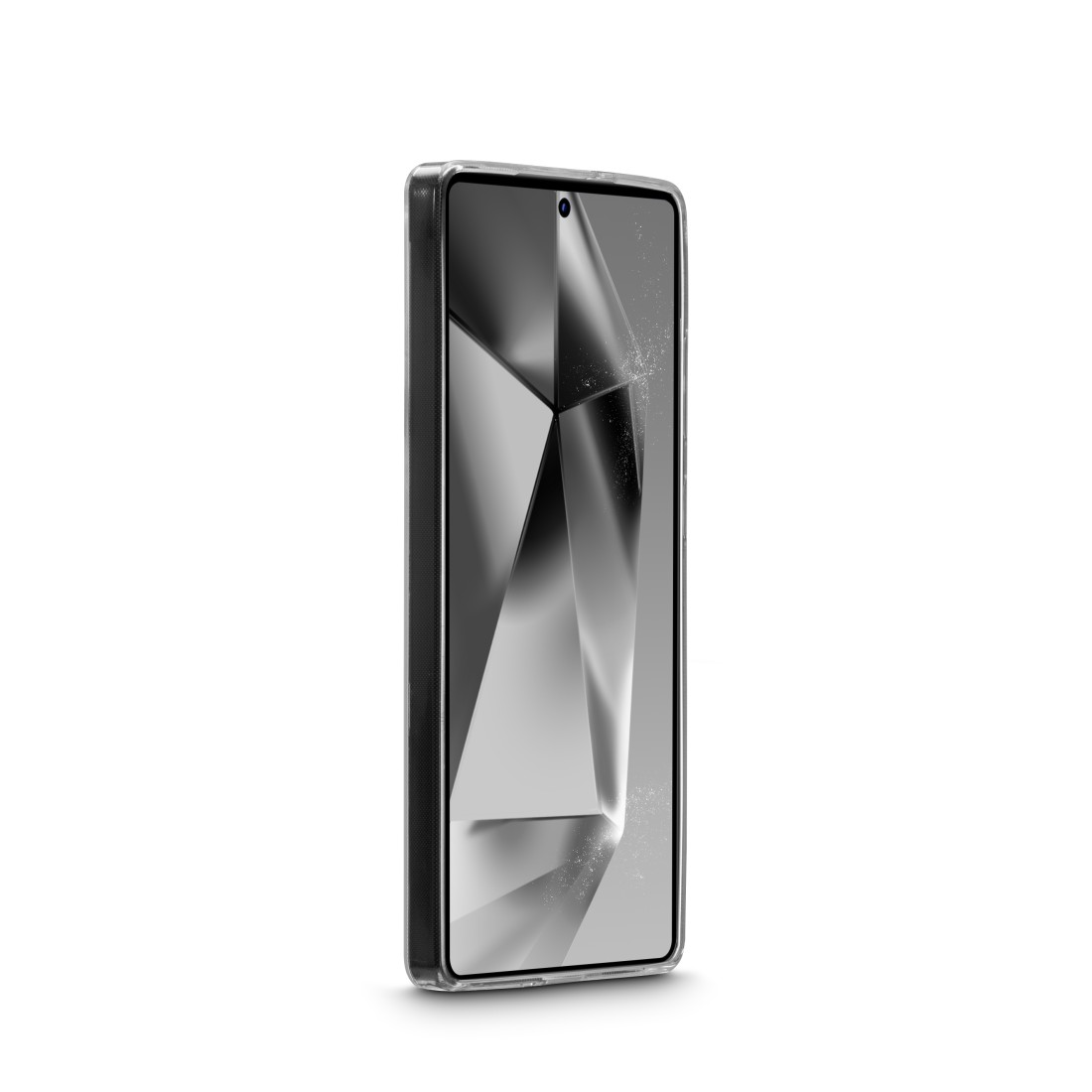 Schwarzes Telefon, Seitenansicht. Klare Hülle, reflektierender Bildschirm. Weißer Hintergrund.