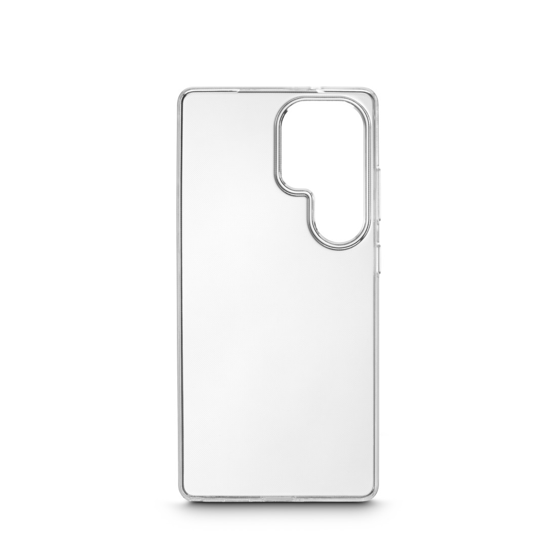 Transparente Handyhülle, die die Rückseite eines Telefons zeigt. Die Hülle hat einen Kameraausschnitt.