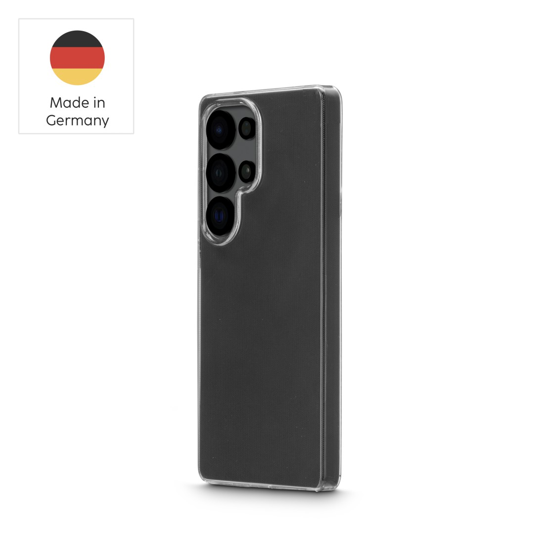 Schwarze Handyhülle mit Kameraausschnitten. Deutsches Flaggenlogo.