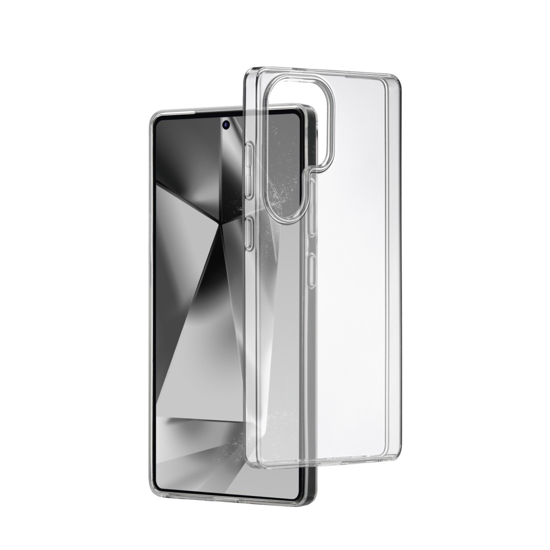 Transparente Handyhülle links, Handy rechts. Das Telefon ist schwarz.