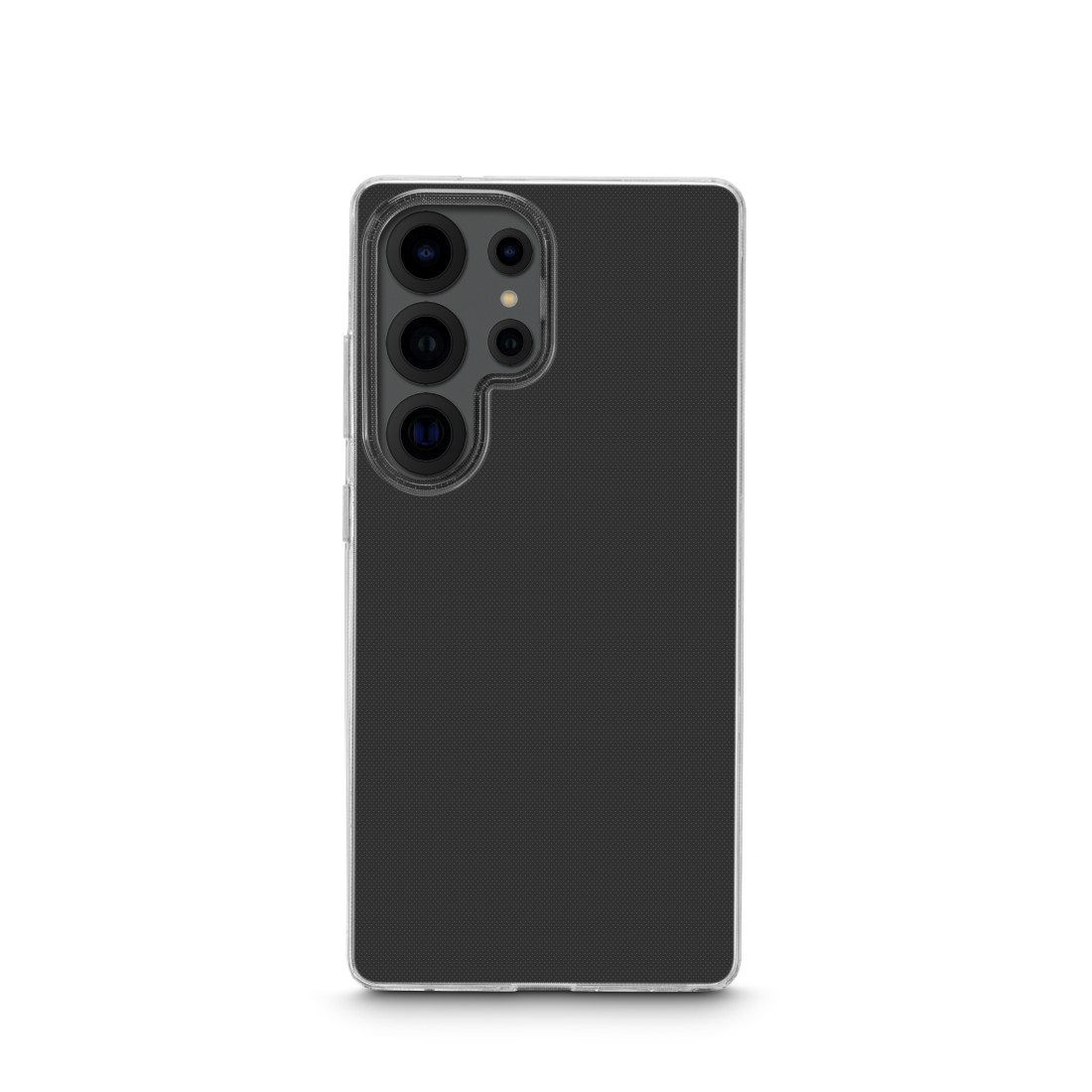 Schwarze Handyhülle mit Telefon darin. Mehrere Kameras auf der Rückseite. Weißer Hintergrund.