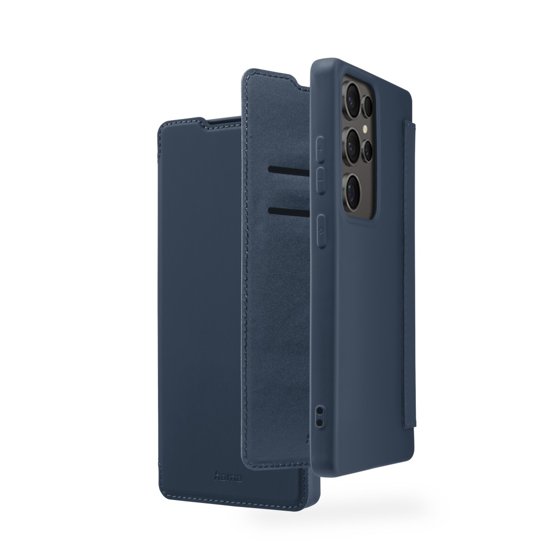Dunkelblaue Handyhülle mit geöffneter Klappe, Telefon sichtbar, auf Weiß.