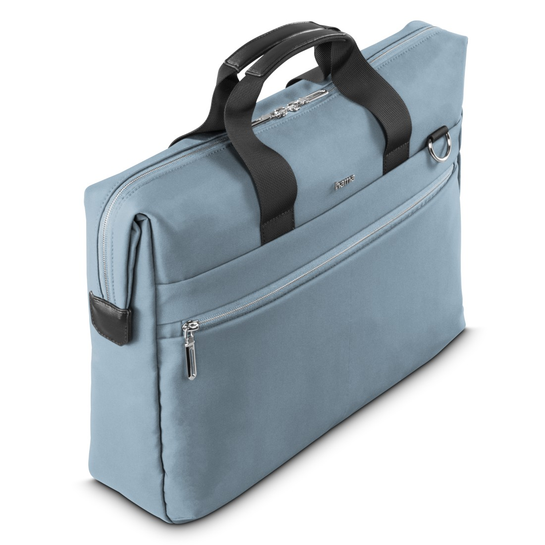 Blaue Laptoptasche mit schwarzen Griffen und Reißverschluss, Schrägansicht, weißer Hintergrund.