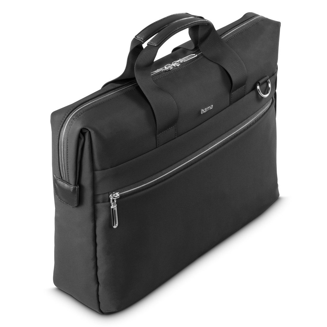 Eine schwarze Aktentasche mit silbernem Reißverschluss und Griff. Es ist ein schlankes, modernes Design, das auf weißem Hintergrund platziert ist.