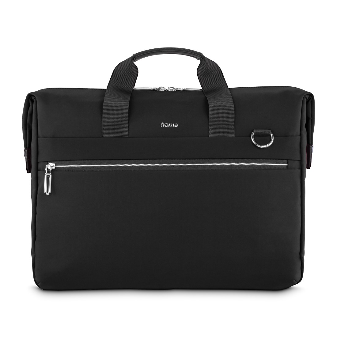 Schwarze Laptoptasche mit Griff, Schulterriemen und Reißverschluss-Vordertasche. Hama-Logo.