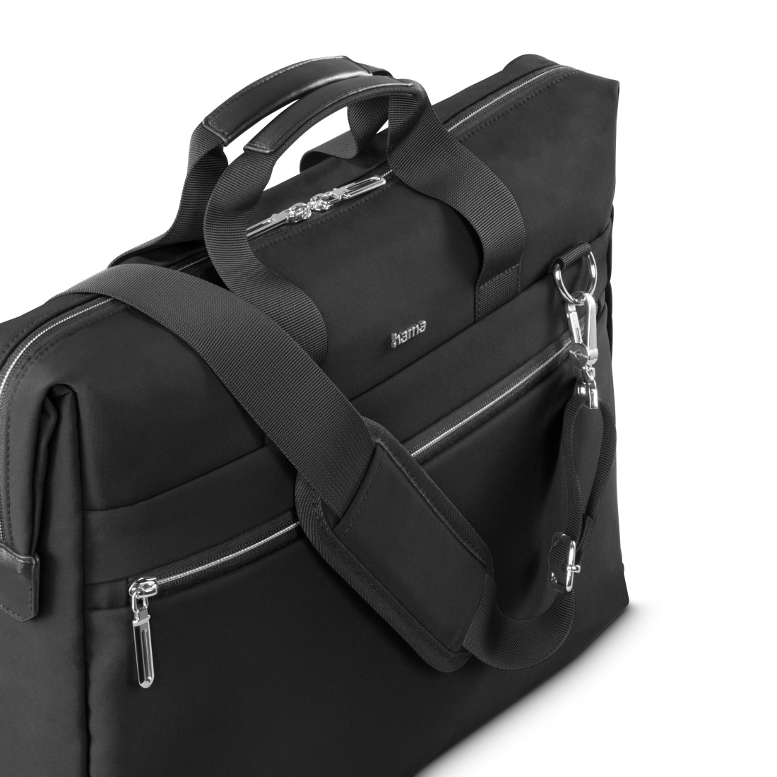 Schwarze Laptoptasche mit Schultergurt und Griff. 'hama'-Logo sichtbar.