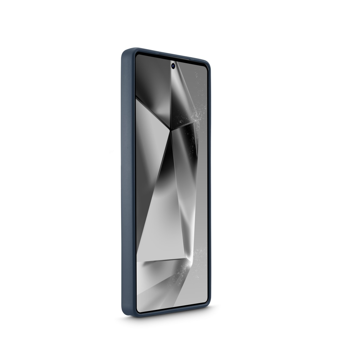 Eine blaue Hülle für ein Telefon. Es hat ein glänzendes schwarzes Design auf dem Bildschirm.