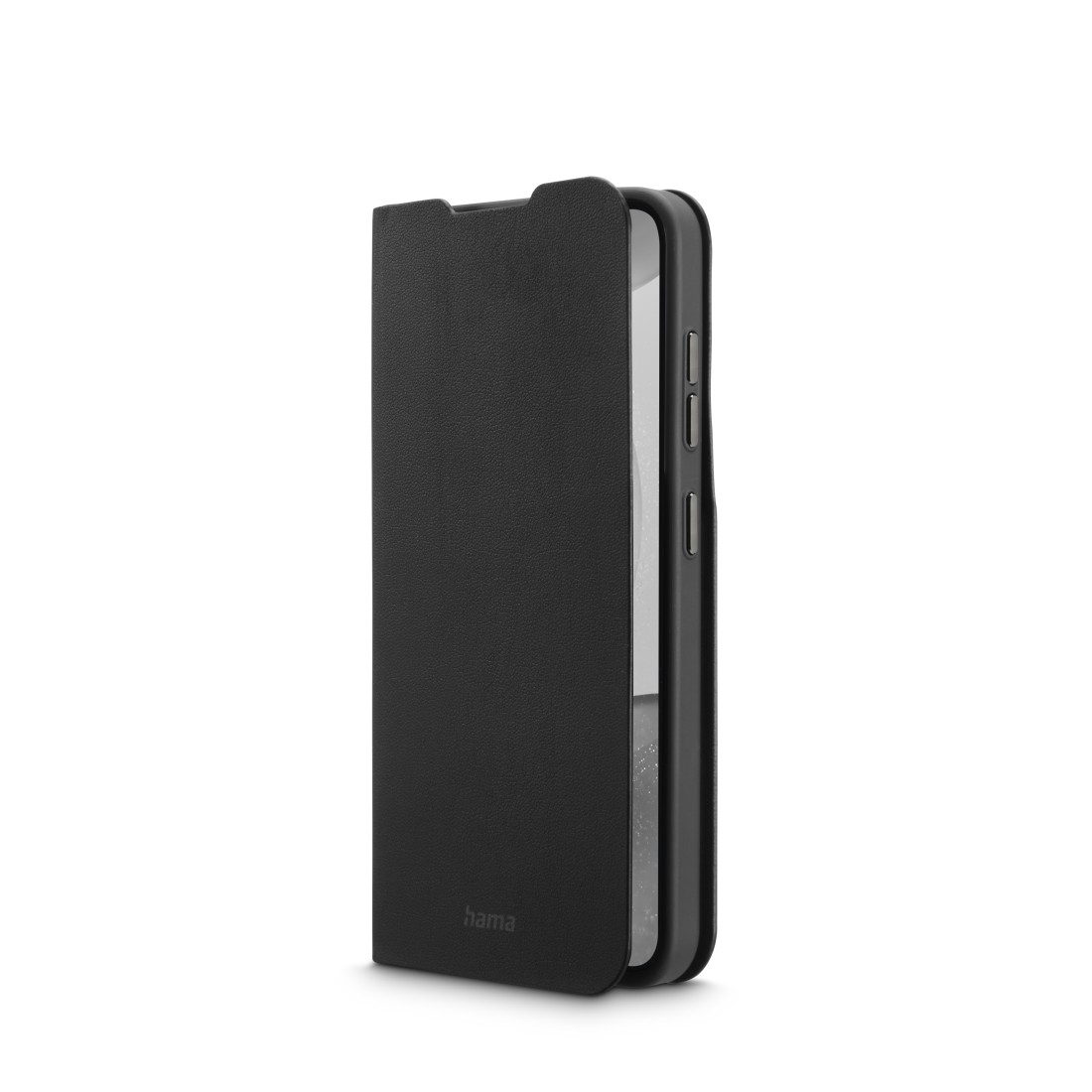 Geöffnete schwarze Handyhülle, die das Telefon zeigt. Die Hülle ist schwarz mit "hama" Logo.