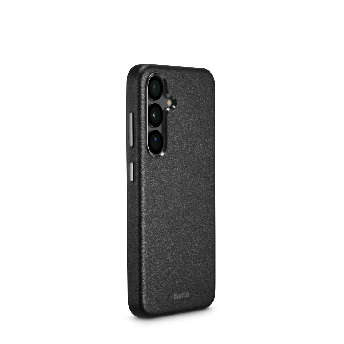 Schwarze Handyhülle. Telefon mit drei Kameras sichtbar. Weißer Hintergrund.