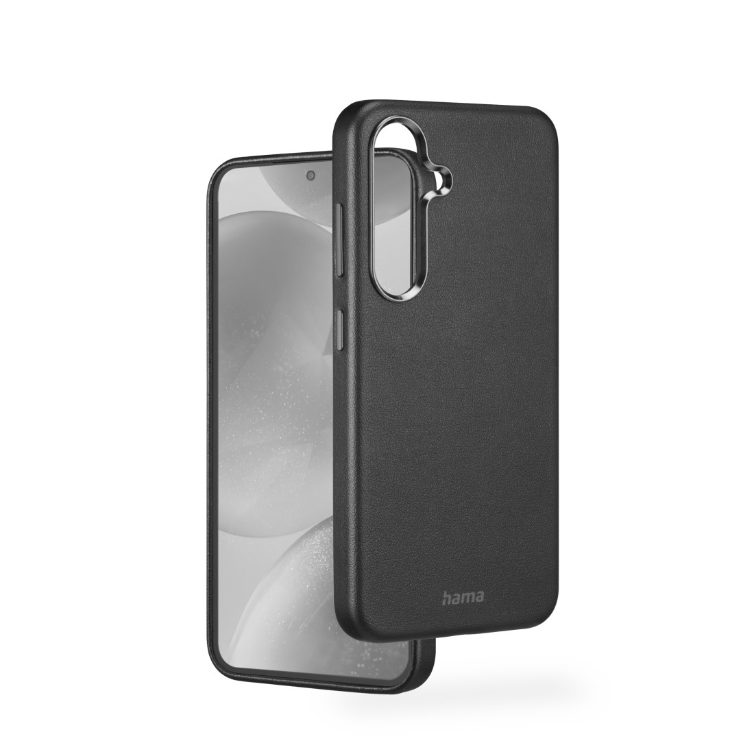 Schwarzes Telefon in einer Hülle, mit silbernem Rand. Die Hülle separat.