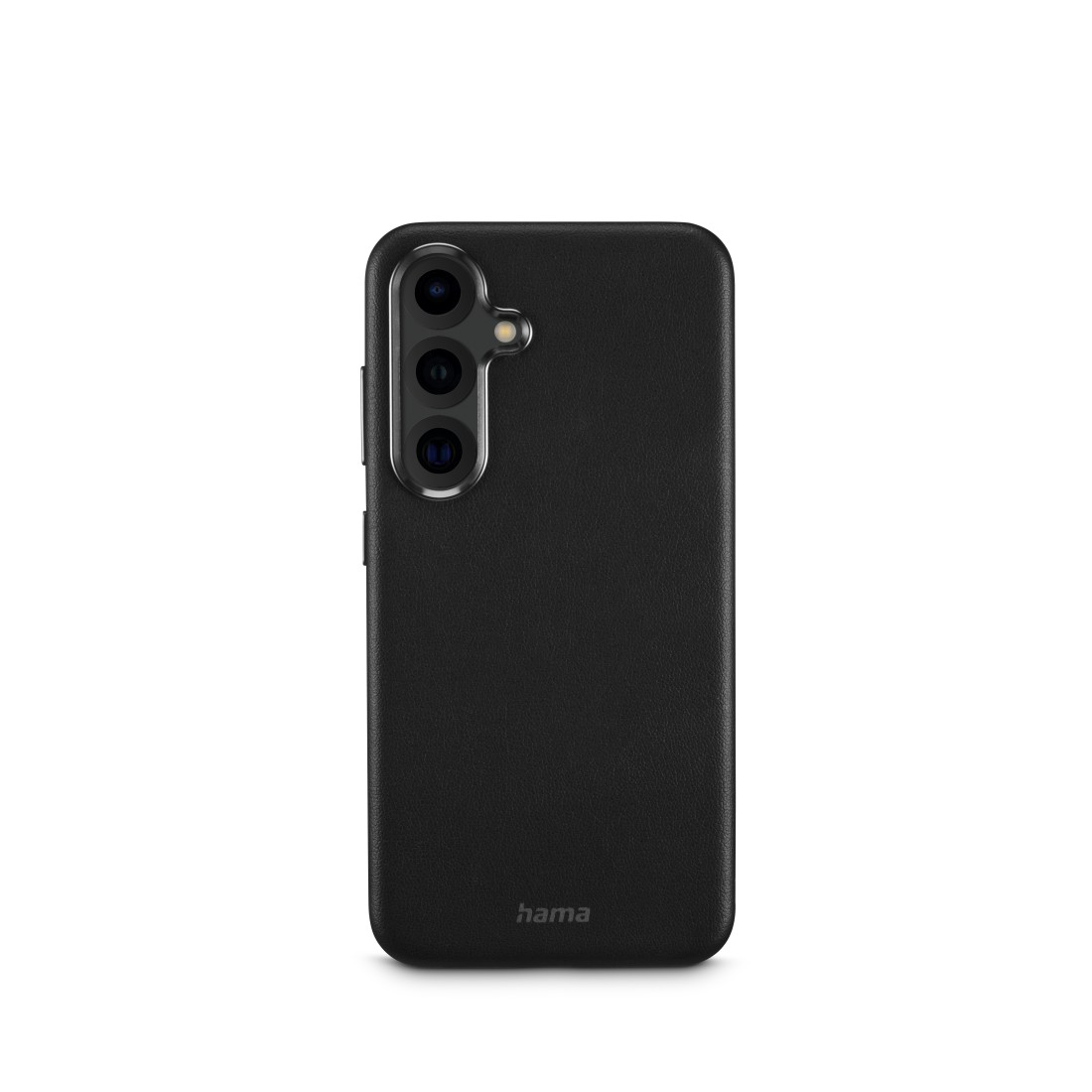 Schwarzes Smartphone mit lederartiger Rückseite, drei Rückkameras und einem zentralen Kamerahügel.