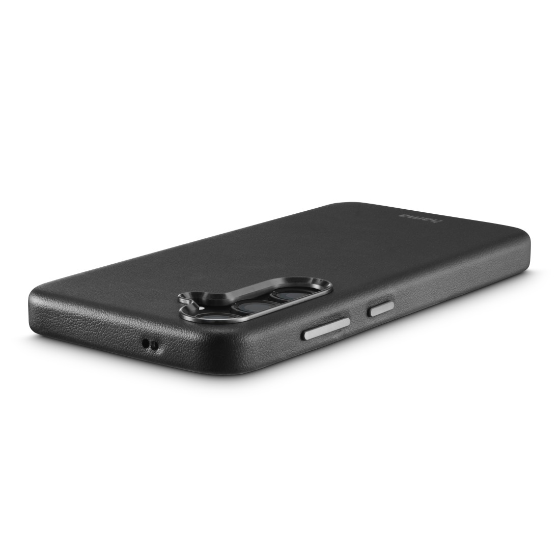 Schwarzes Smartphone, Rückansicht. Kameralinsen und Knöpfe sichtbar. Isoliert auf weißem Hintergrund.