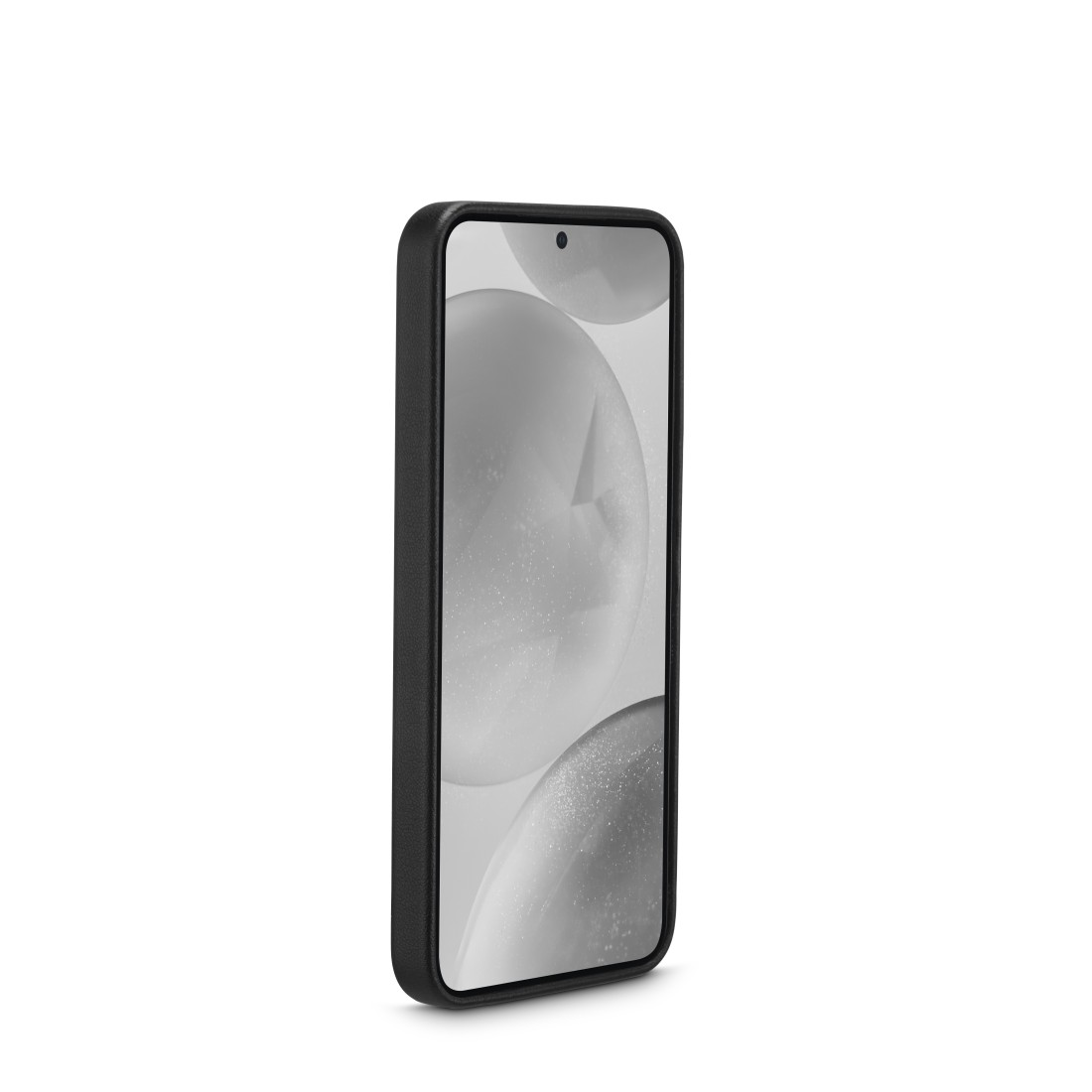 Schwarzes Telefon mit Bildschirm, der ein verschwommenes Bild zeigt. Das Gehäuse ist schwarz, der Bildschirm ist an.