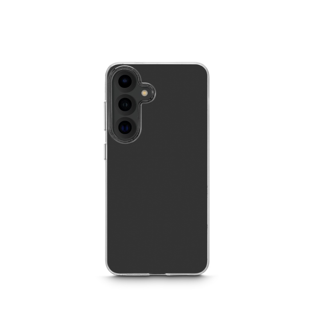 Schwarzes Telefon in transparenter Hülle mit strukturierter Rückseite. Kameraanordnung sichtbar. Die Hülle ist klar.