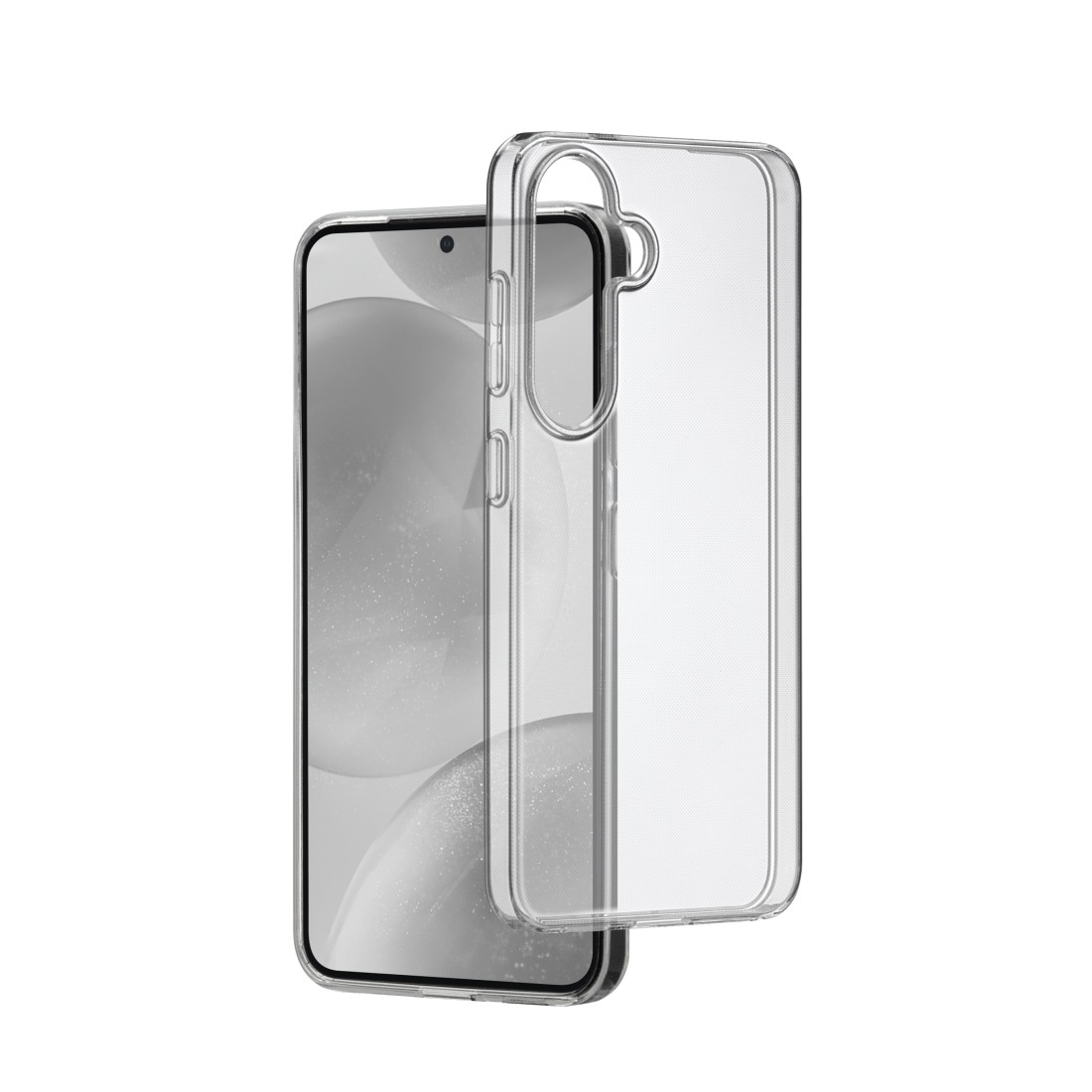 Eine transparente Handyhülle, die ein Smartphone schützt, auf weißem Hintergrund.