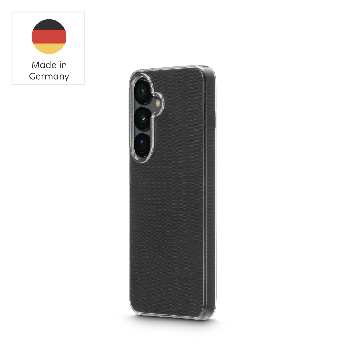 Eine schwarze Handyhülle mit drei Kameras, mit deutschem Flaggenlogo und klarem Rahmen.