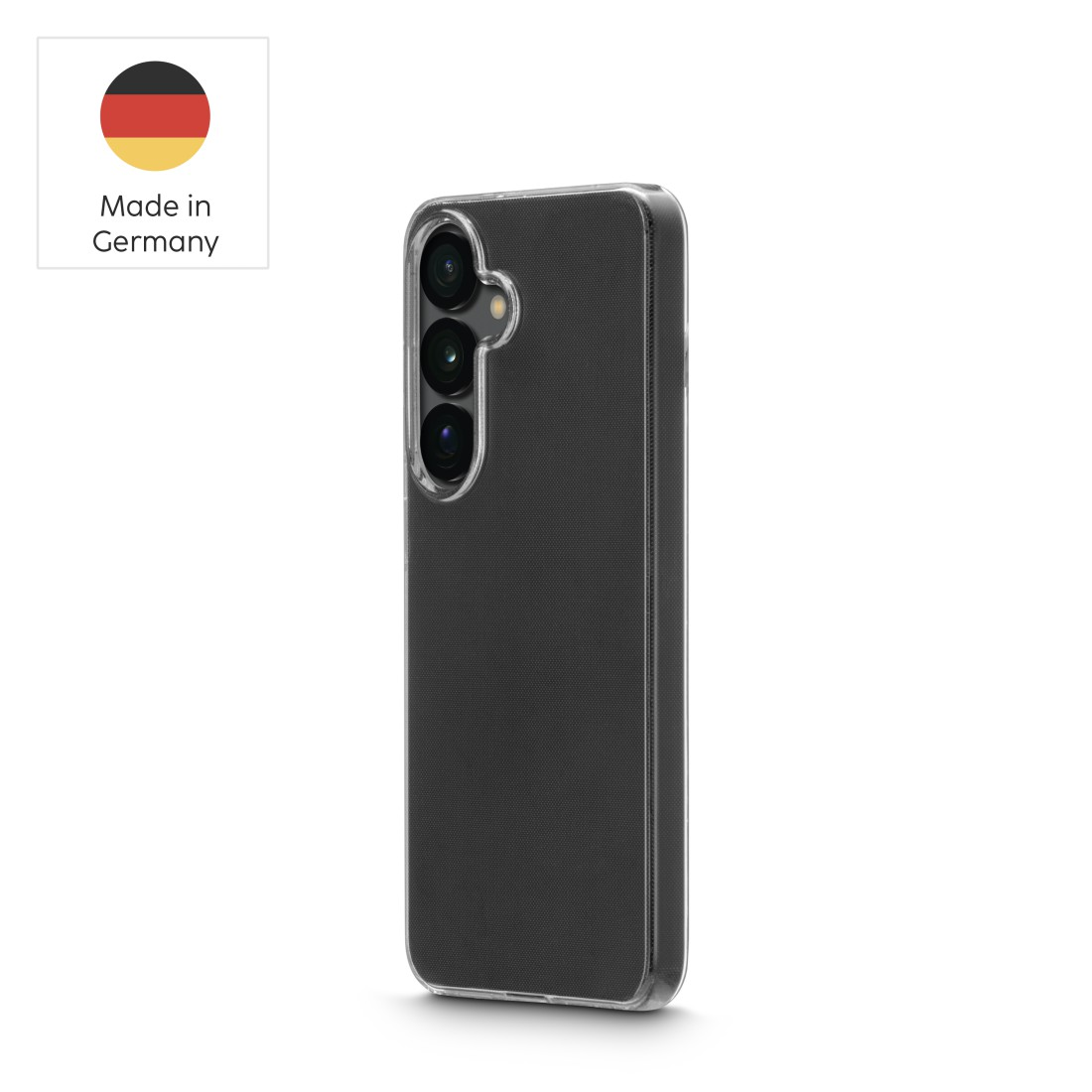 Eine schwarze Handyhülle mit strukturierter Rückseite und einem deutschen Flaggenaufkleber.