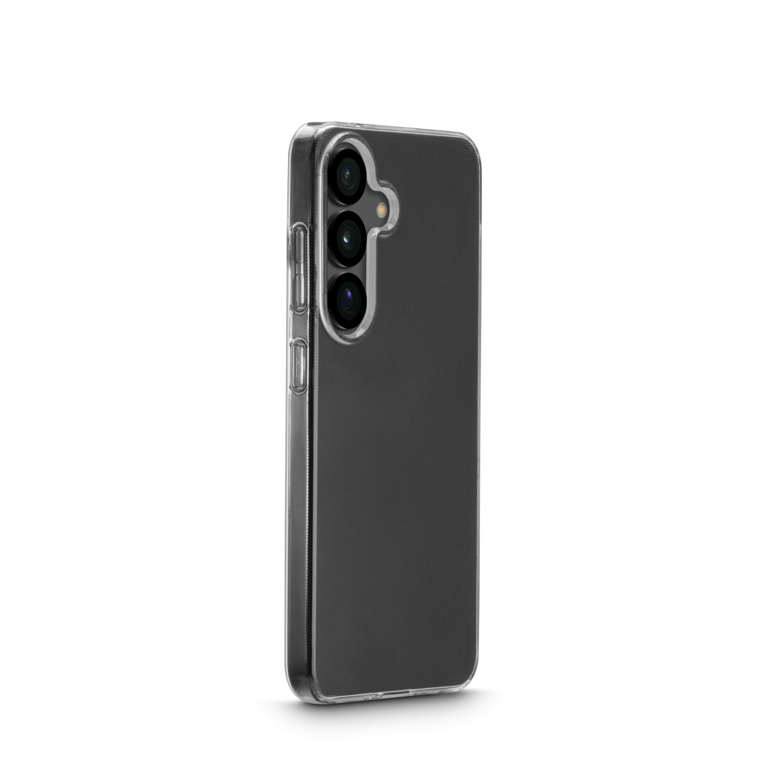 Schwarze und transparente Handyhülle mit Dreifachkamera-Design und weißem Hintergrund.