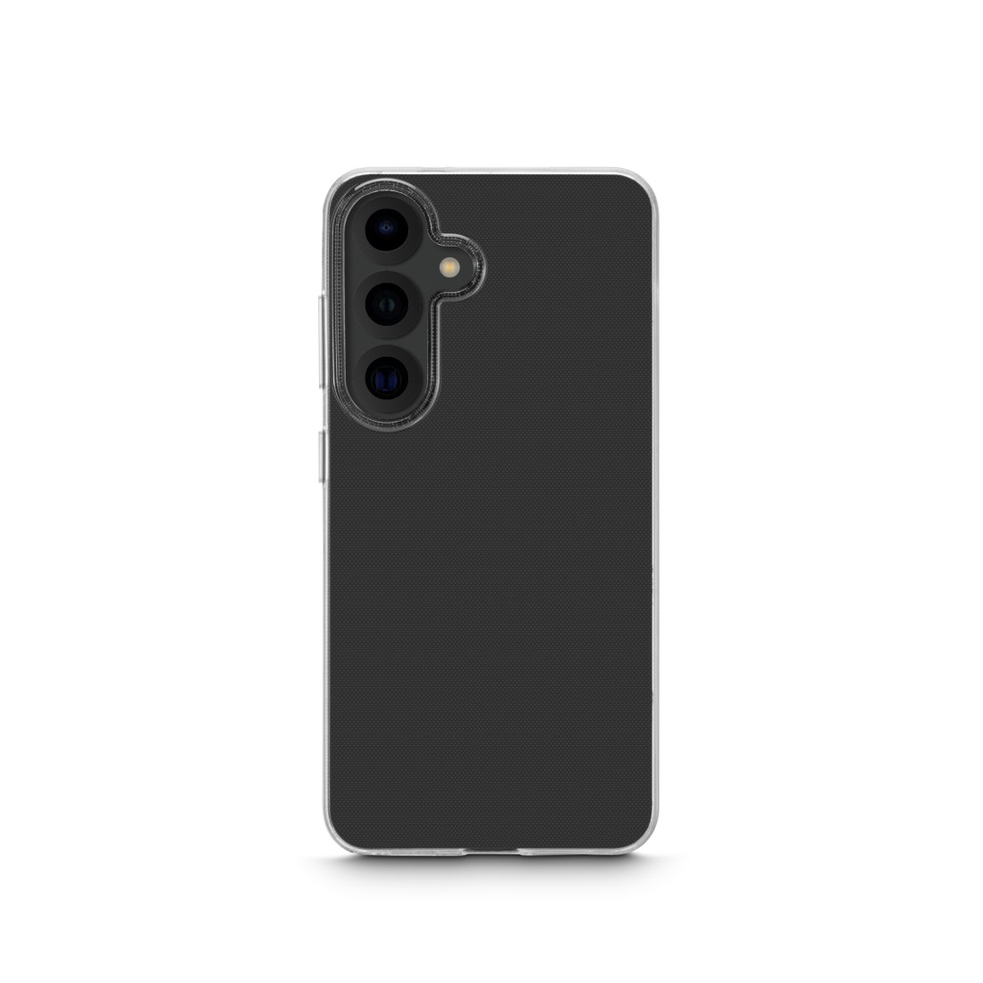 Ein schwarzes Telefon mit drei Kameras in einer transparenten Hülle.