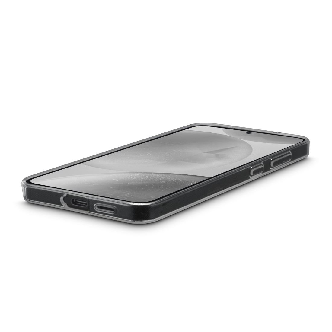 Smartphone in einer transparenten Hülle auf weißem Hintergrund, Hülle mit schwarzem Rand und Displayschutz.