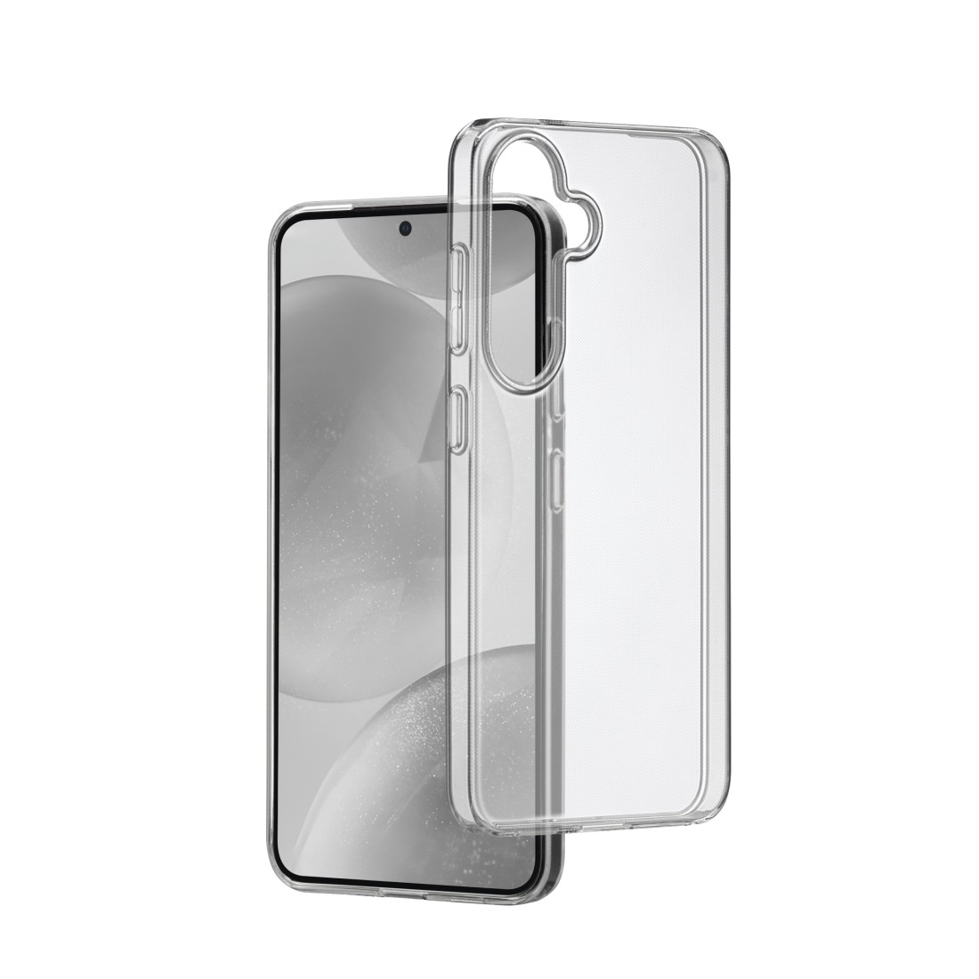Telefon in klarer Hülle, das Telefon ist schwarz. Klare Hülle auf weißem Hintergrund. Kamera sichtbar.