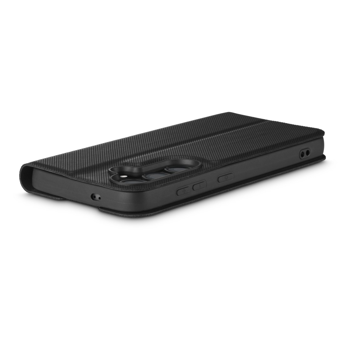 Schwarzes Telefon in strukturierter Hülle, die Seite mit Knöpfen und Kamera zeigend. Die Hülle ist geschlossen.