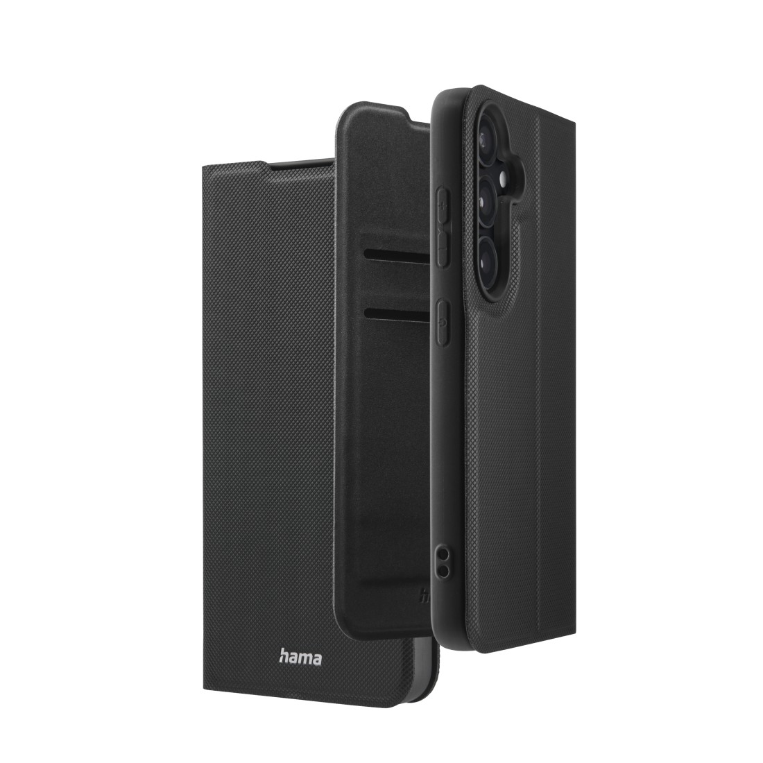 Geöffnete schwarze Handyhülle mit Telefon. Die Hülle ist offen und zeigt das "hama"-Logo.