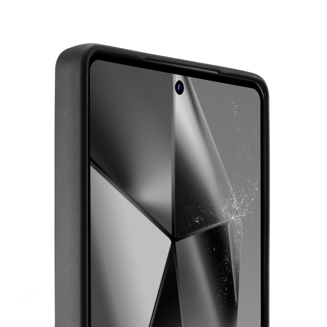 Nahaufnahme einer schwarzen Smartphone-Hülle mit Kamerahole.