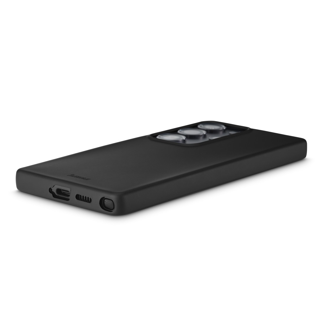 Schwarzes Smartphone in einer mattschwarzen Hülle. Drei Kameralinsen sichtbar.