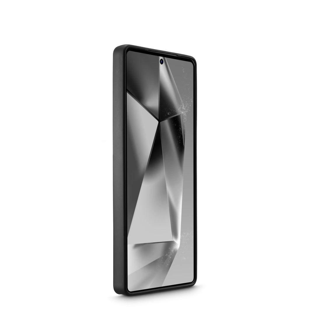 Telefon mit schwarzem Gehäuse, mit Diamantmuster auf dem Bildschirm. Weißer Hintergrund.