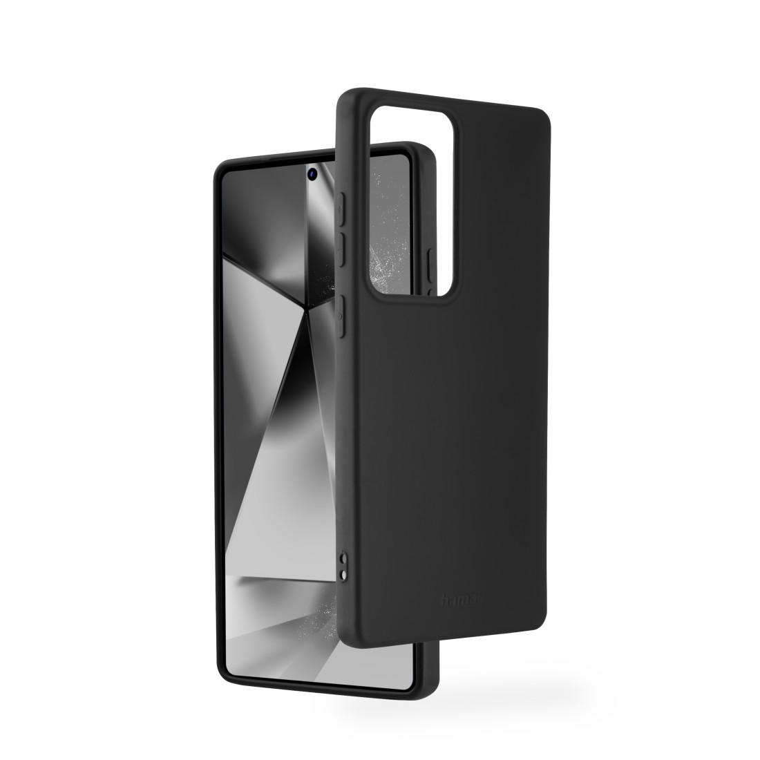 Schwarze Handyhülle mit einem Telefon darin, das den Bildschirm des Telefons zeigt.