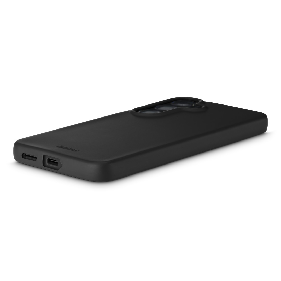Schwarzes Smartphone in einer mattschwarzen Hülle. Das Kameramodul ist leicht erhöht.