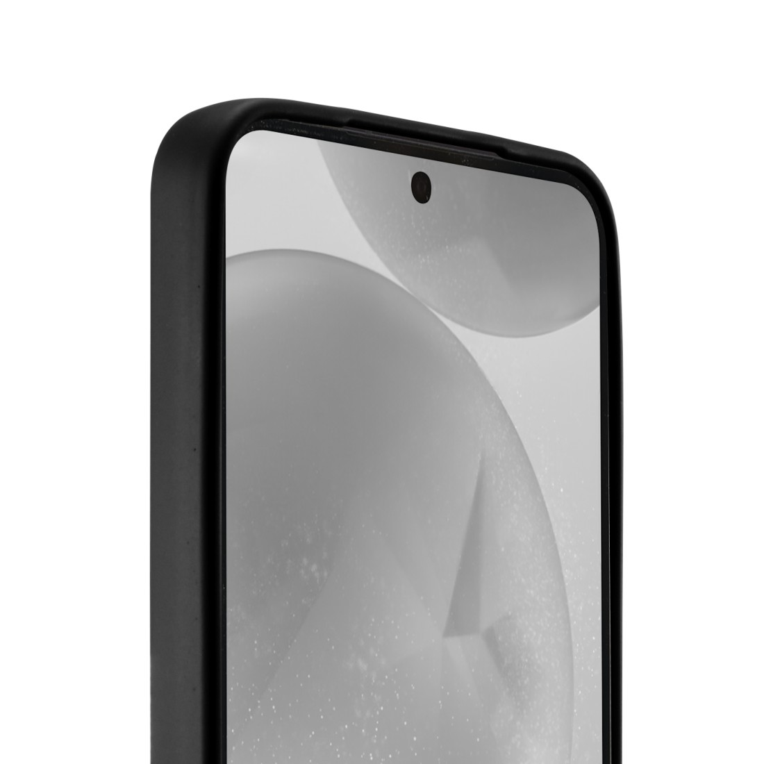 Telefonecke mit schwarzer Hülle, Bildschirm mit verschwommenem Hintergrund. Oben befindet sich eine Kamera.