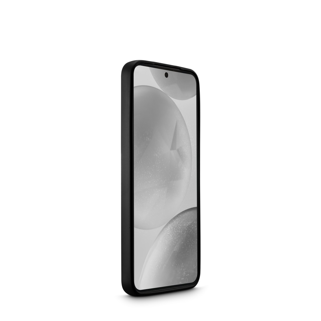 Schwarzes Telefon mit einem Bildschirm, der Blasen zeigt. Schwarzer Rahmen. Weißer Hintergrund.