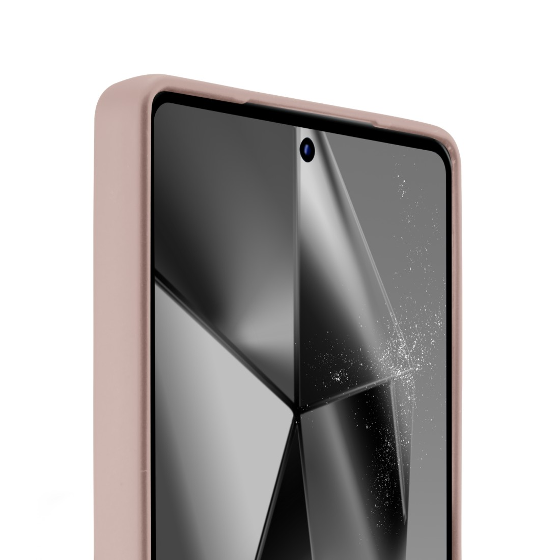 Nahaufnahme einer Handyhülle in Rosa. Der Bildschirm des Telefons ist sichtbar. Das Kameraobjektiv ist vorhanden.