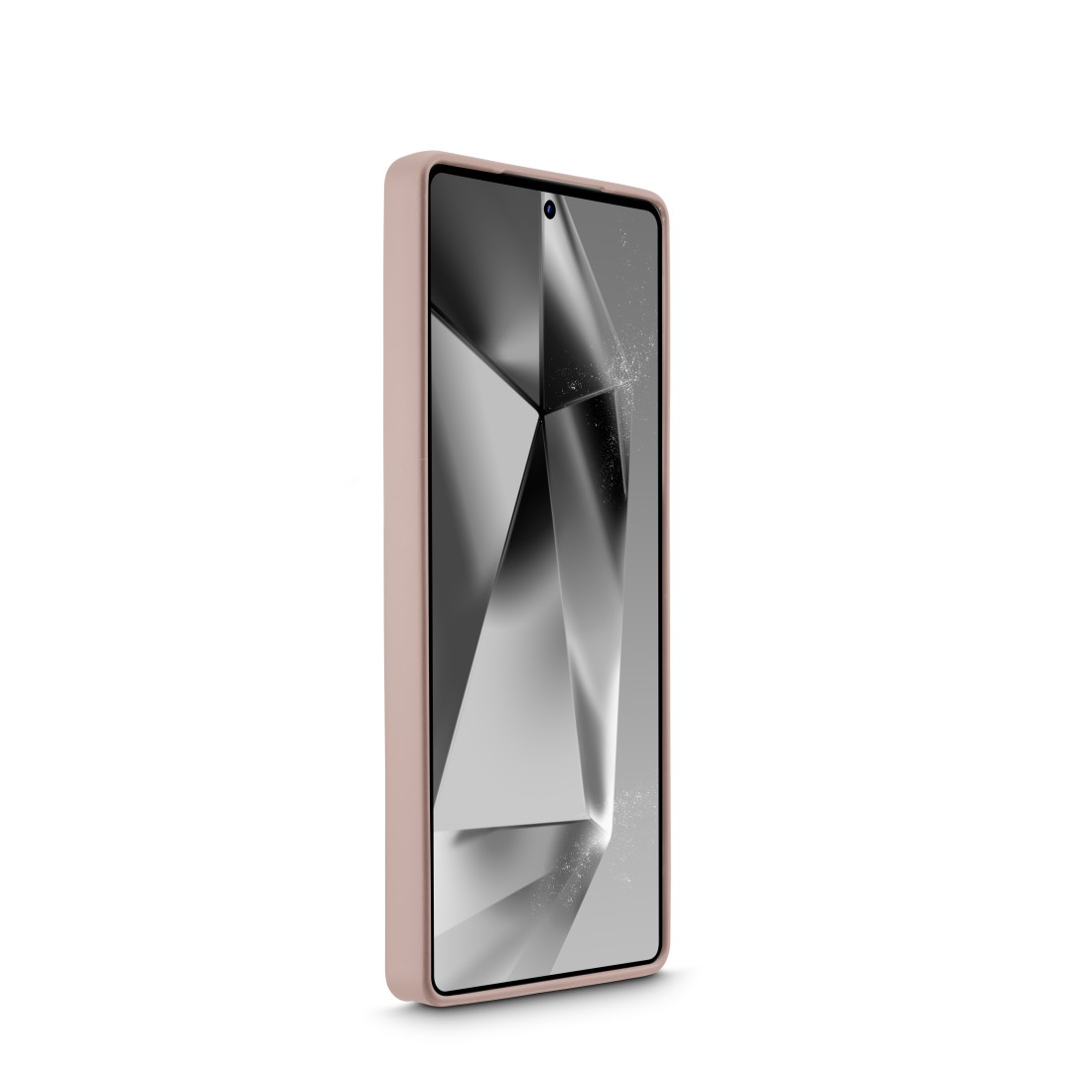 Rosa Handyhülle mit Telefon darin, zeigt einen geometrischen Hintergrund.